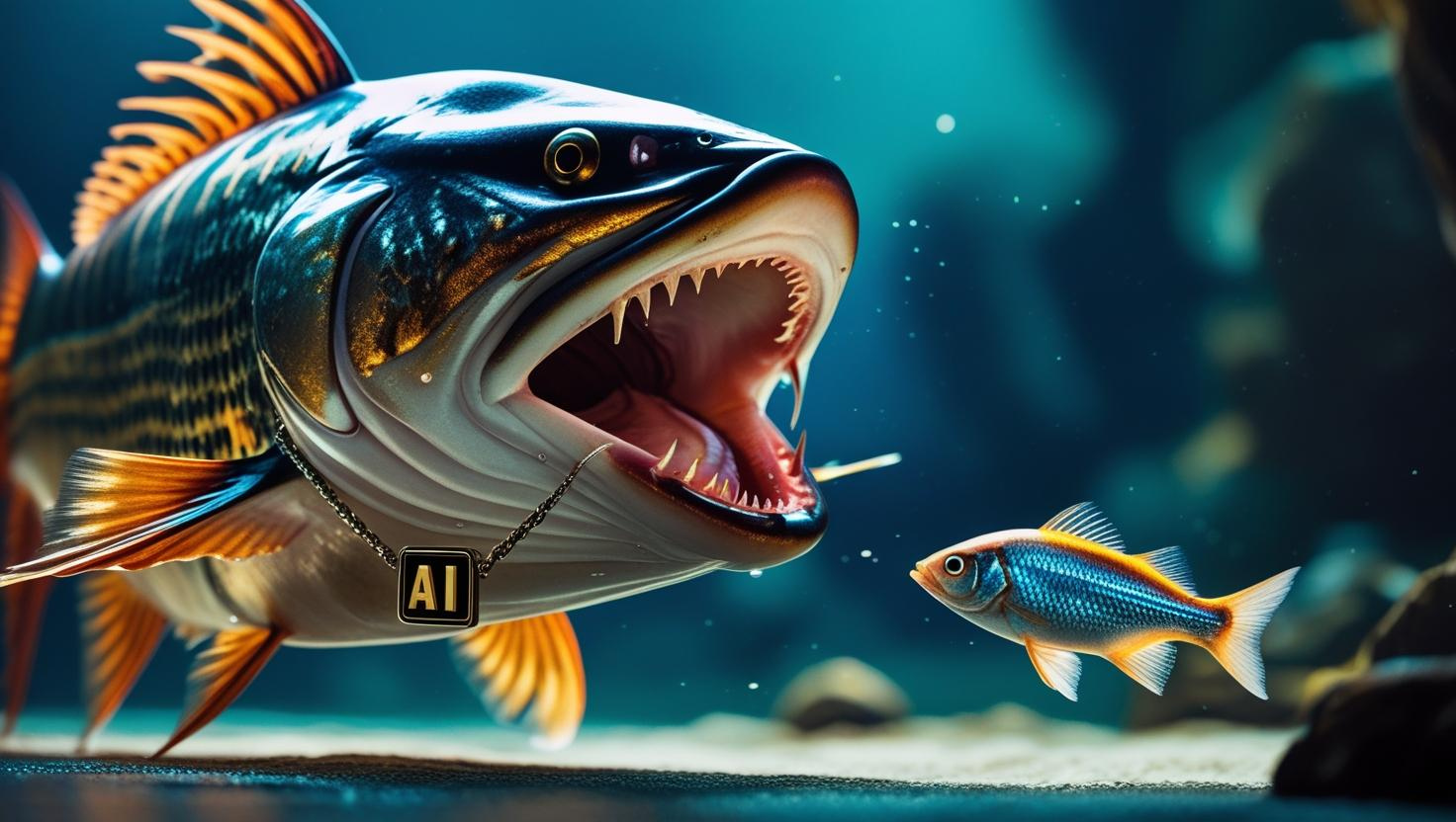 Big fish labeled AI chasing little fish to eat
